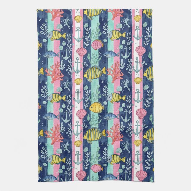 Colourful Coastal Sea Life Pattern (2) Tea Towel (Vertical)
