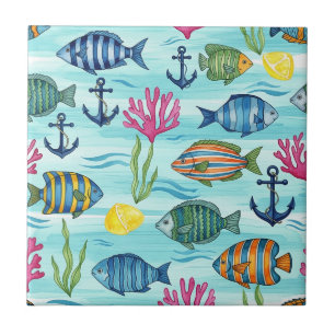 Colourful Coastal Sea Life Pattern (3) Ceramic Tile