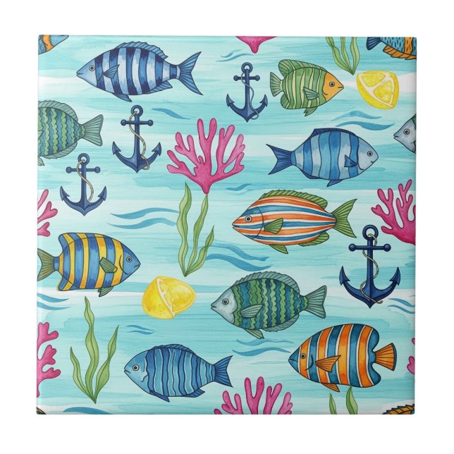 Colourful Coastal Sea Life Pattern (3) Ceramic Tile (Front)