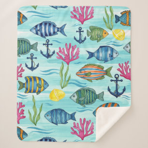 Colourful Coastal Sea Life Pattern (3) Sherpa Blanket
