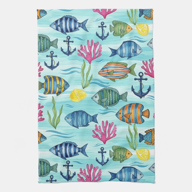 Colourful Coastal Sea Life Pattern (3) Tea Towel (Vertical)