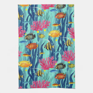 Colourful Coastal Sea Life Pattern (4) Tea Towel