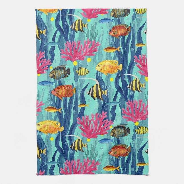 Colourful Coastal Sea Life Pattern (4) Tea Towel (Vertical)