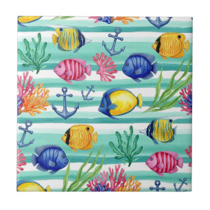 Colourful Coastal Sea Life Pattern (5) Ceramic Tile