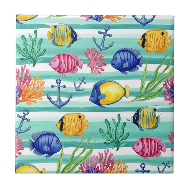 Colourful Coastal Sea Life Pattern (5) Ceramic Tile (Front)