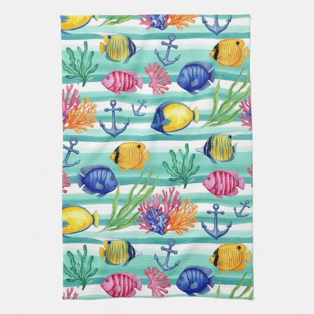 Colourful Coastal Sea Life Pattern (5) Tea Towel (Vertical)