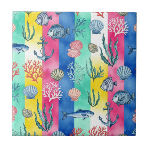 Colourful Coastal Sea Life Pattern (6) Ceramic Tile