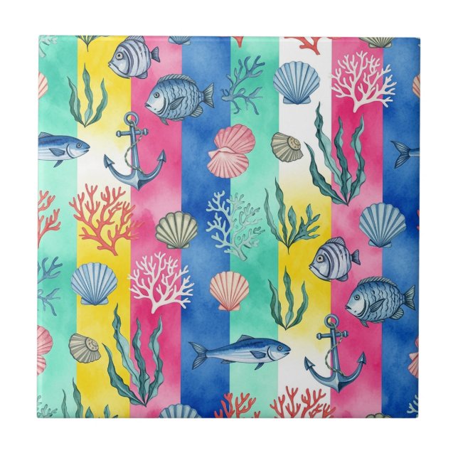 Colourful Coastal Sea Life Pattern (6) Ceramic Tile (Front)