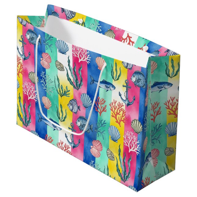 Colourful Coastal Sea Life Pattern (6) Large Gift Bag (Front Angled)