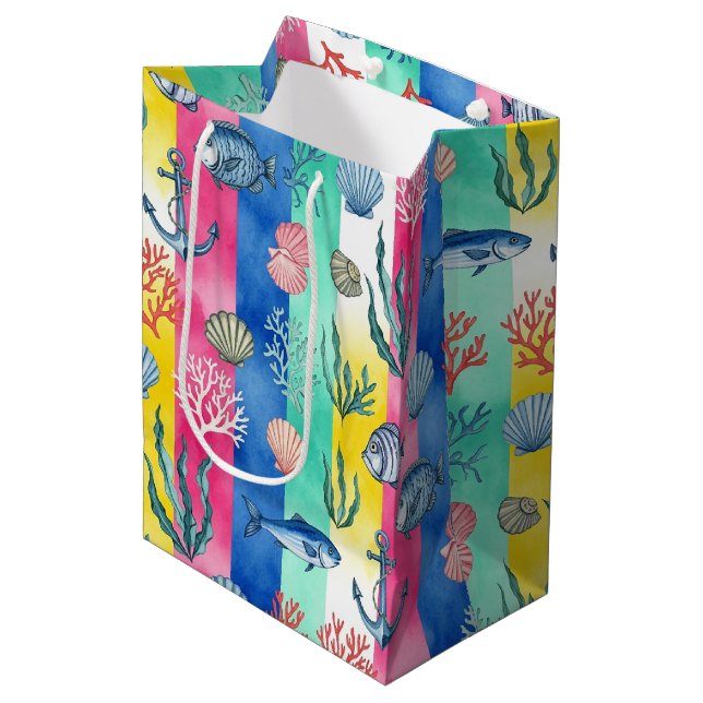 Colourful Coastal Sea Life Pattern (6) Medium Gift Bag (Front Angled)