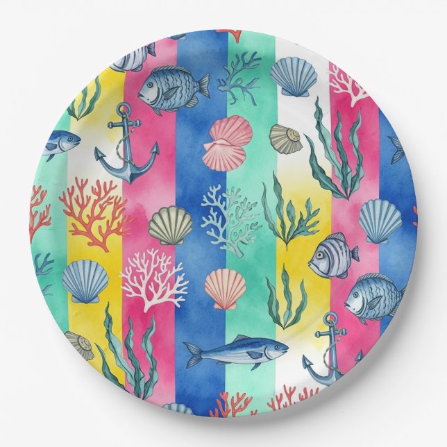 Colourful Coastal Sea Life Pattern (6) Paper Plate (Front)