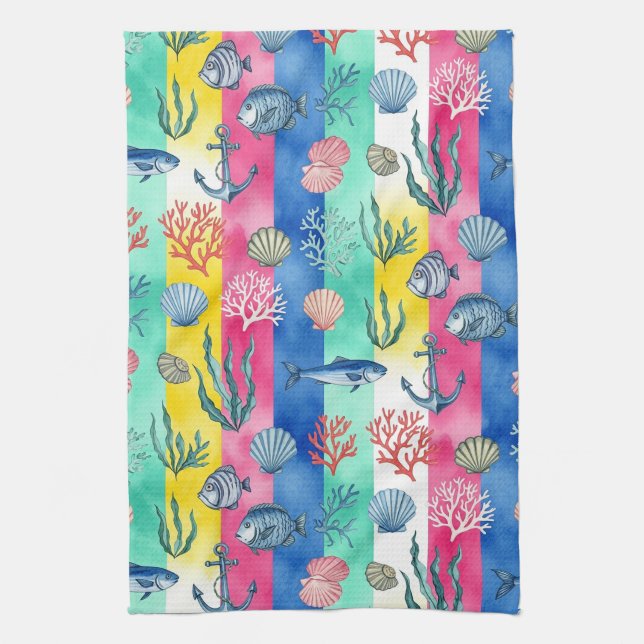 Colourful Coastal Sea Life Pattern (6) Tea Towel (Vertical)