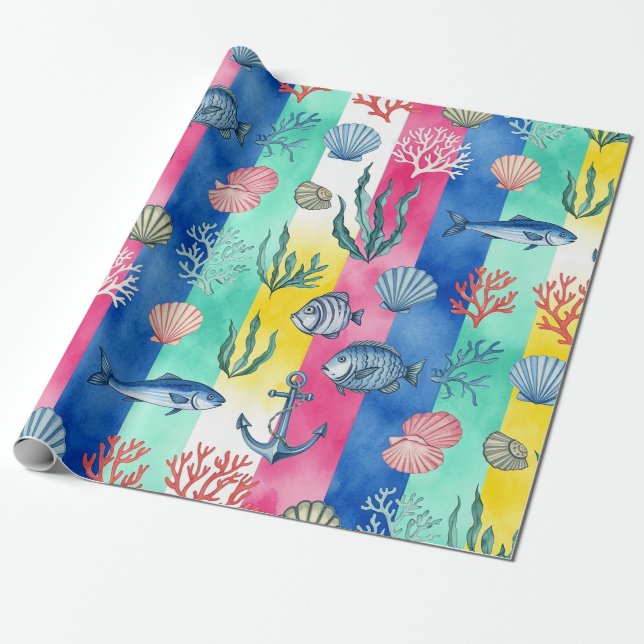 Colourful Coastal Sea Life Pattern (6) Wrapping Paper (Unrolled)