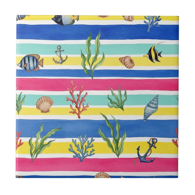 Colourful Coastal Sea Life Pattern (7) Ceramic Tile (Front)