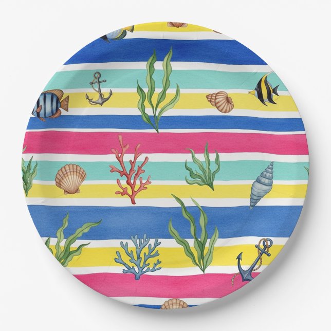 Colourful Coastal Sea Life Pattern (7) Paper Plate (Front)