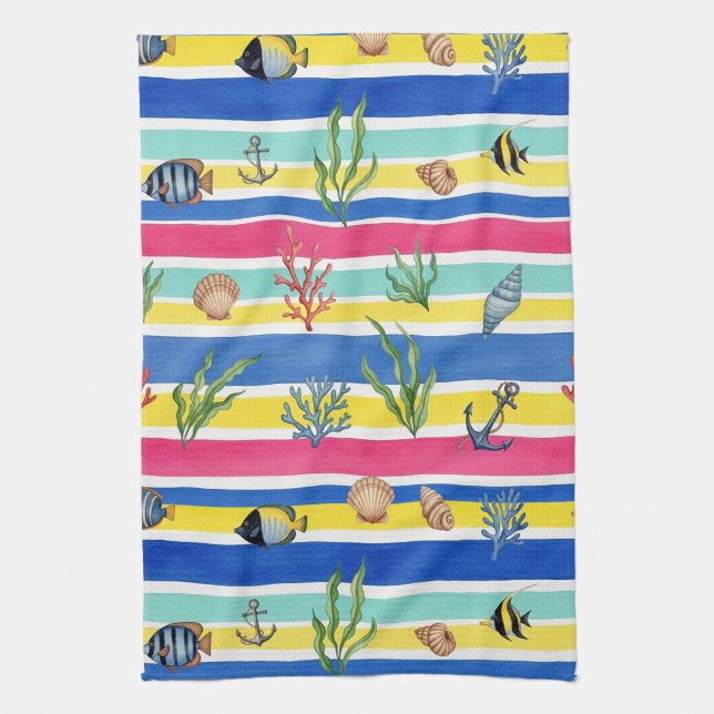 Colourful Coastal Sea Life Pattern (7) Tea Towel (Vertical)