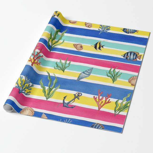 Colourful Coastal Sea Life Pattern (7) Wrapping Paper (Unrolled)