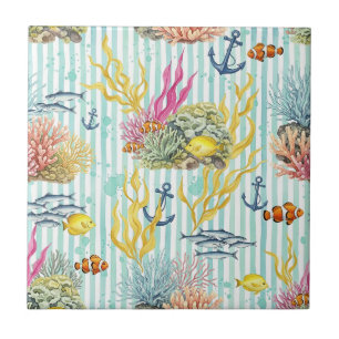 Colourful Coastal Sea Life Pattern (8) Ceramic Tile