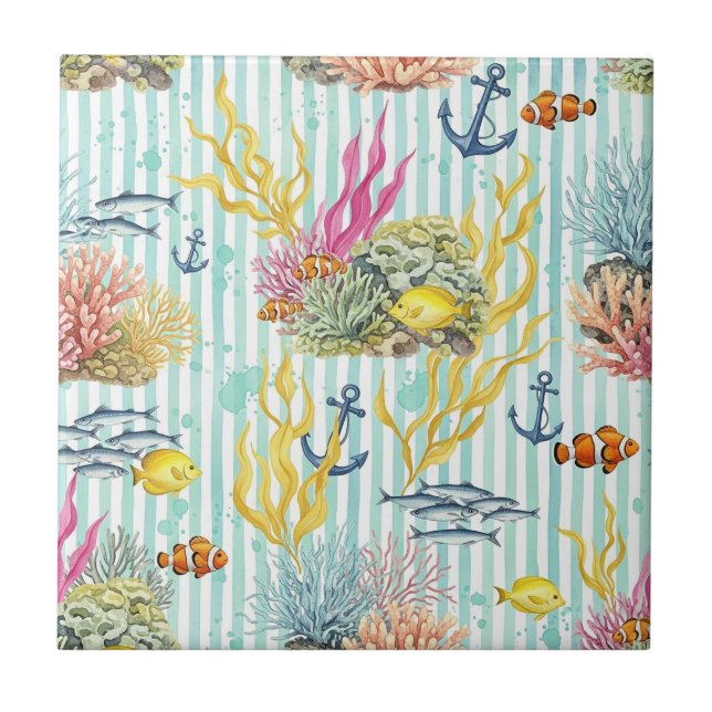 Colourful Coastal Sea Life Pattern (8) Ceramic Tile (Front)