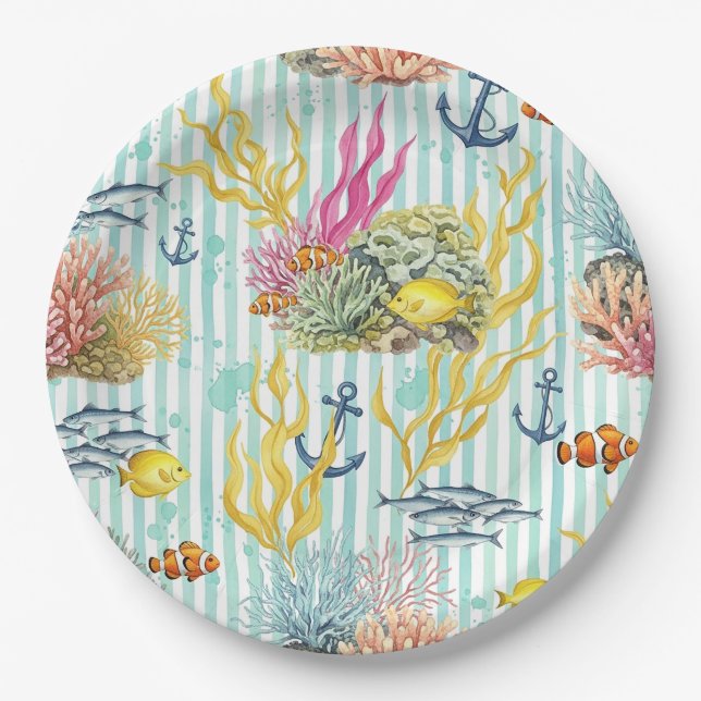 Colourful Coastal Sea Life Pattern (8) Paper Plate (Front)