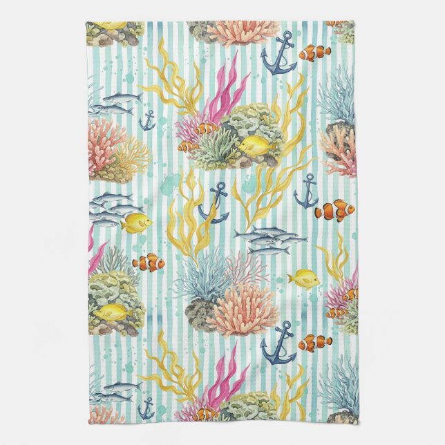 Colourful Coastal Sea Life Pattern (8) Tea Towel (Vertical)