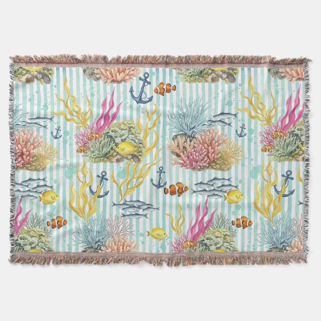 Colourful Coastal Sea Life Pattern (8) Throw Blanket (Front)