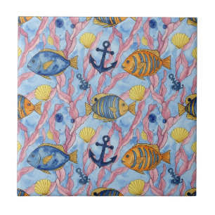 Colourful Coastal Sea Life Pattern (9) Ceramic Tile