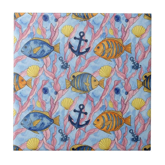 Colourful Coastal Sea Life Pattern (9) Ceramic Tile (Front)