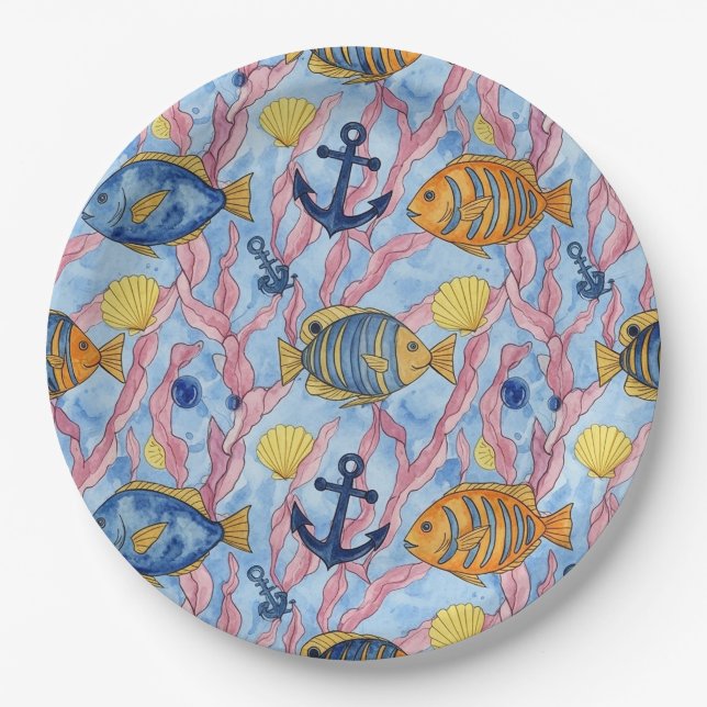Colourful Coastal Sea Life Pattern (9) Paper Plate (Front)