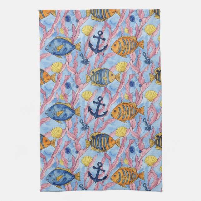 Colourful Coastal Sea Life Pattern (9) Tea Towel (Vertical)