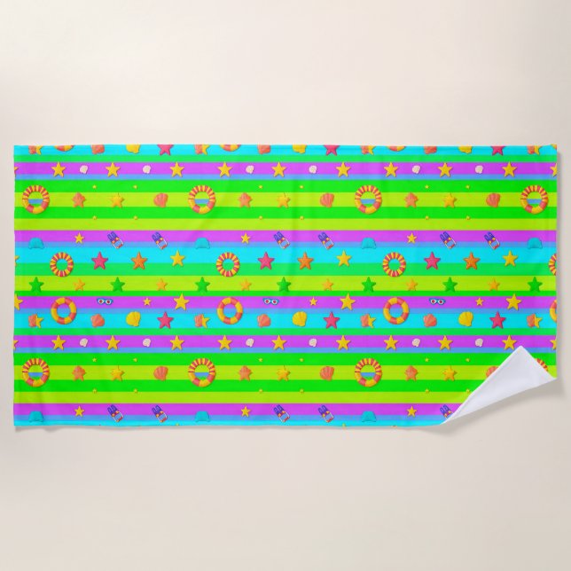 🏖️ Colourful Coastal Summer Escape Pattern 🌴 Beach Towel (Front)
