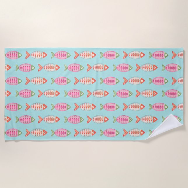 Colourful Coastal Summer Fish Pattern Beach Towel (Front)