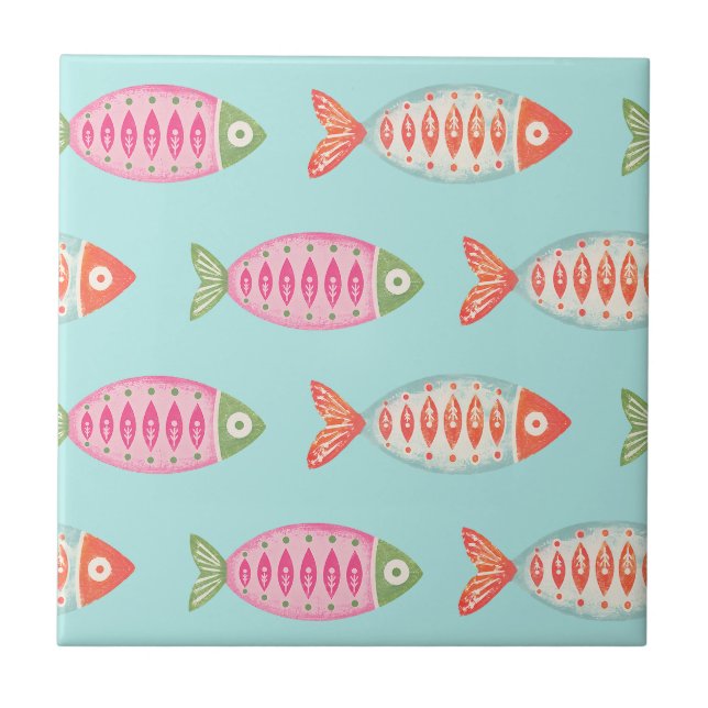 Colourful Coastal Summer Fish Pattern  Ceramic Tile (Front)