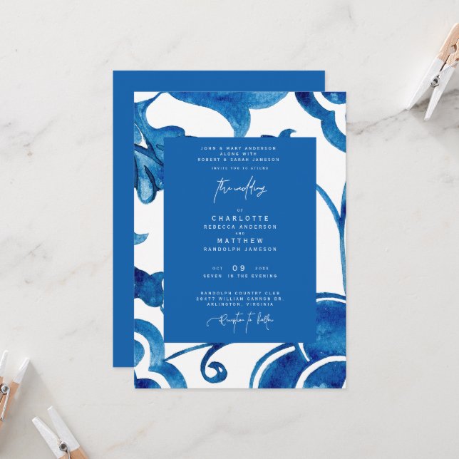 Colourful Cobalt Mediterranean Modern Wedding Invitation (Front/Back In Situ)