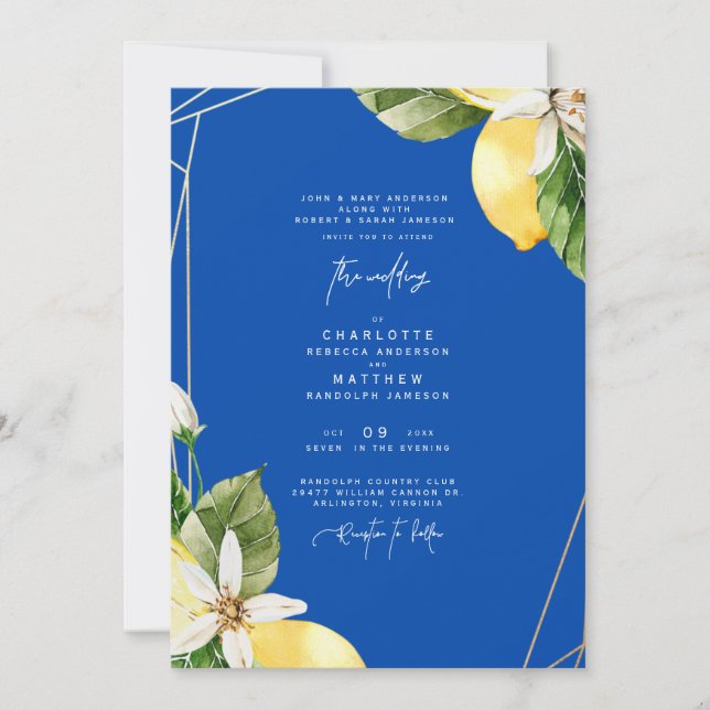 Colourful Cobalt Mediterranean Tropical Wedding Invitation (Front)