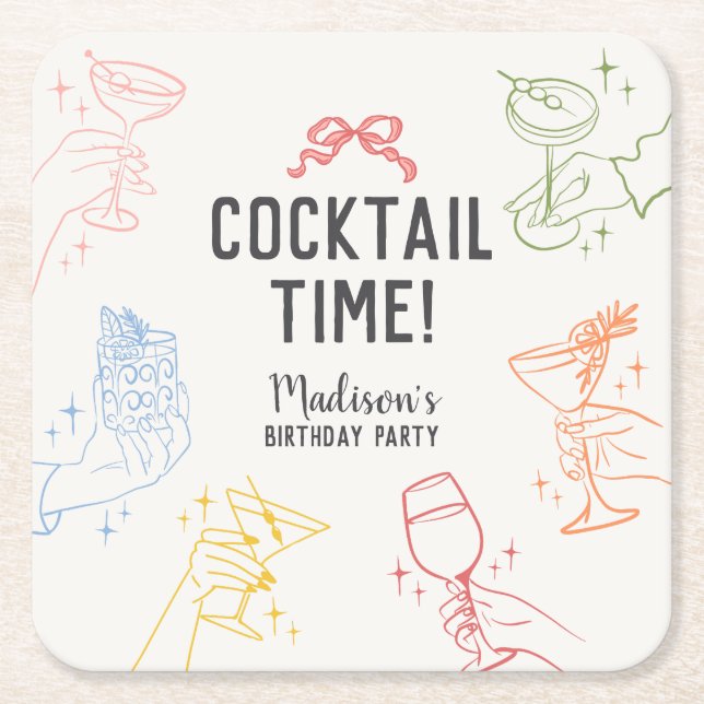 Colourful Cocktail Party Retro Birthday Party Square Paper Coaster (Front)