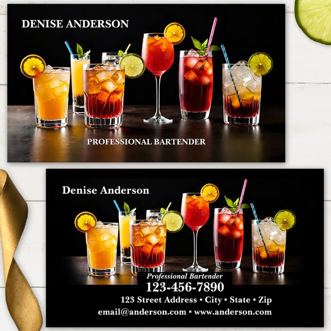 Colourful Cocktails Professional Bartender Business Card (Bartender business card featuring an illustration of different festive and colorful cocktail glasses)