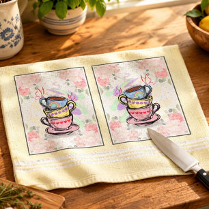 Colourful Coffee Cups - Stacked Yellow Tea Towel
