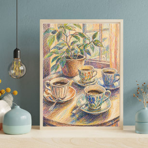 Colourful Coffee Cups Still Life Art Print, Cosy Poster