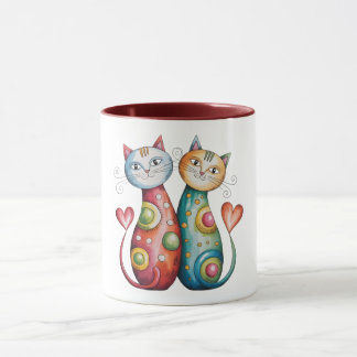 Colourful coffee mug with a pair of loving kitties