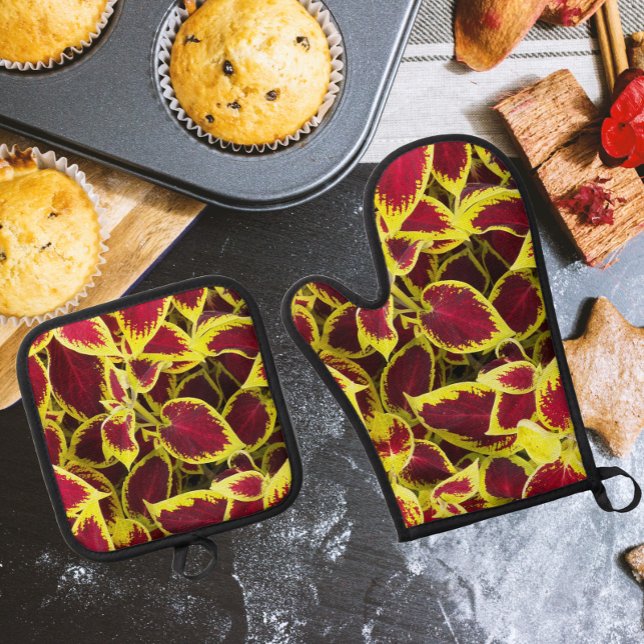 Colourful Coleus Plant Leaves Floral Oven Mitt & Pot Holder Set (In Situ Kitchen)