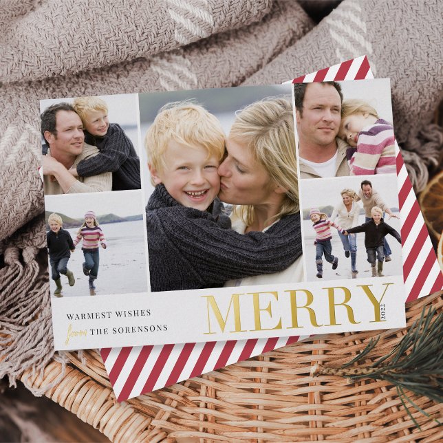 Colourful Collage | Merry & Bright 5 Photo Foil Holiday Card (Creator Uploaded)