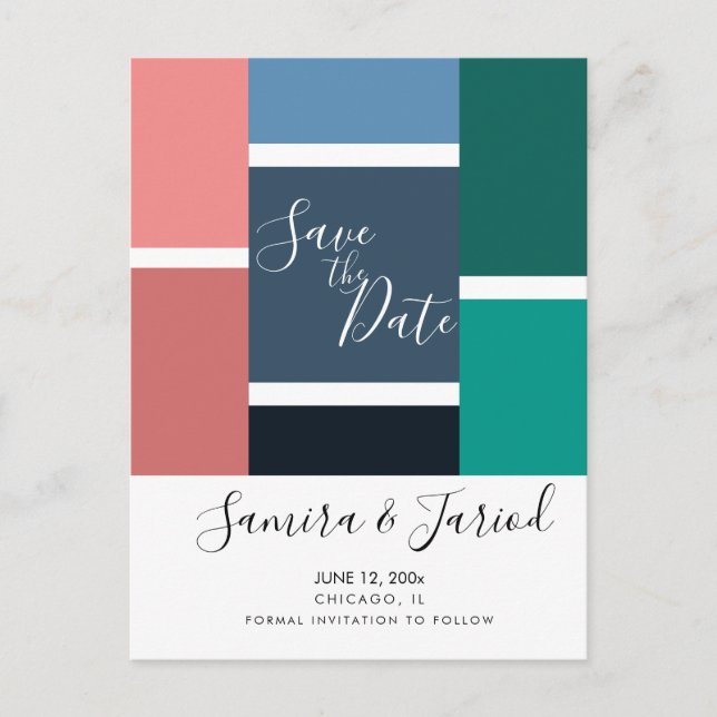 Colourful Colorblock Geometrical Save the Date Postcard (Front)