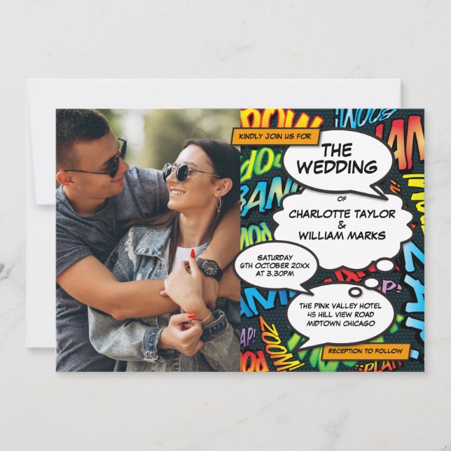 Colourful Comic Book Modern Fun Photo Wedding Invitation (Front)
