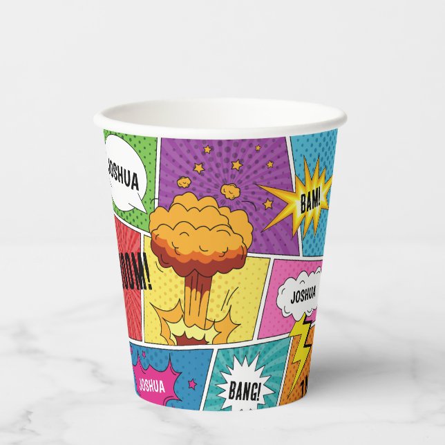 Colourful Comic Book Personalised Name Pop Art Paper Cups (Front)