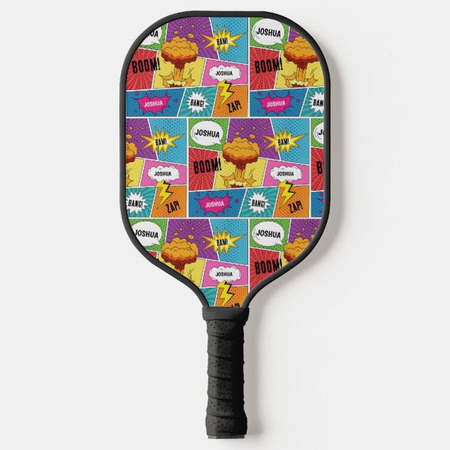 Colourful Comic Book Personalised Name Pop Art Pickleball Paddle (Front)