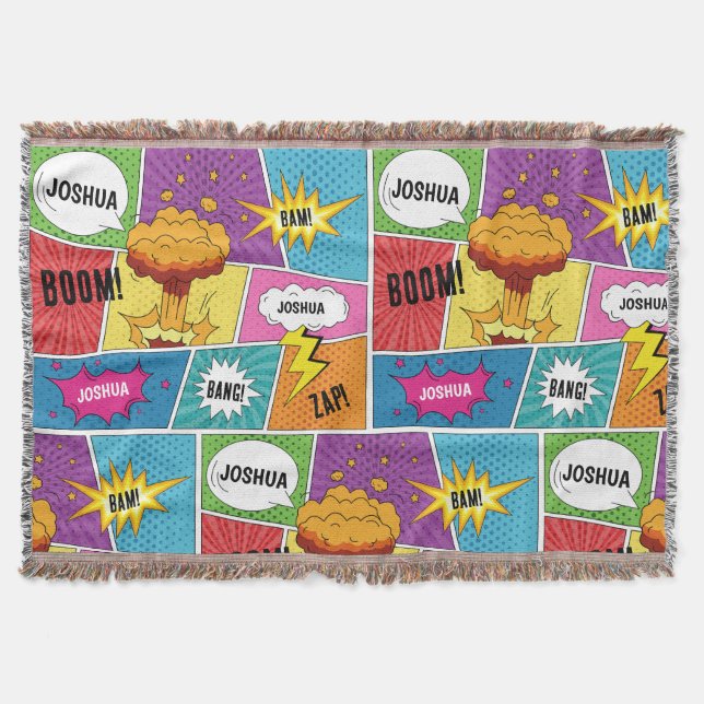 Colourful Comic Book Personalised Name Pop Art Throw Blanket (Front)