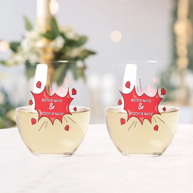 Colourful Comic Book Pop Art Wedding Favour Hearts Stemless Wine Glass (Insitu (Wedding))