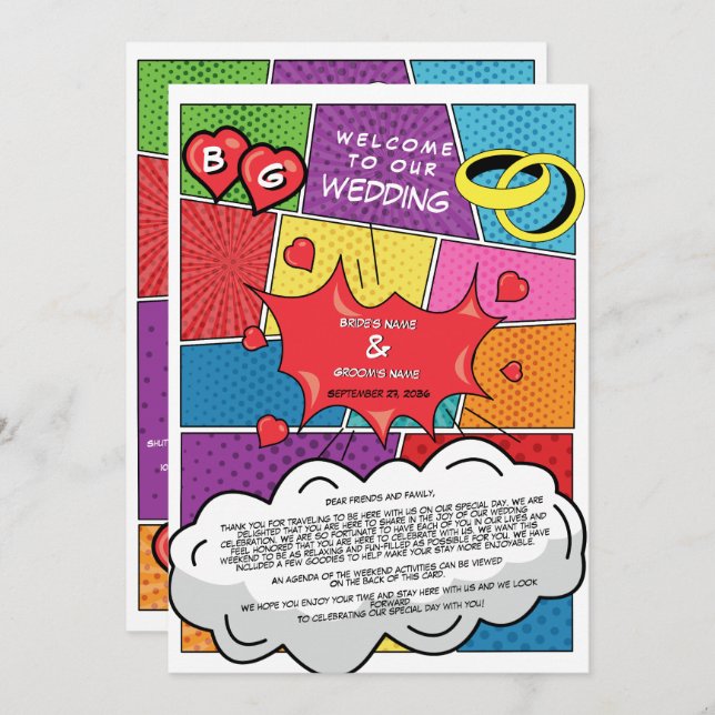 Colourful Comic Book Pop Art Wedding Itinerary Program (Front/Back)