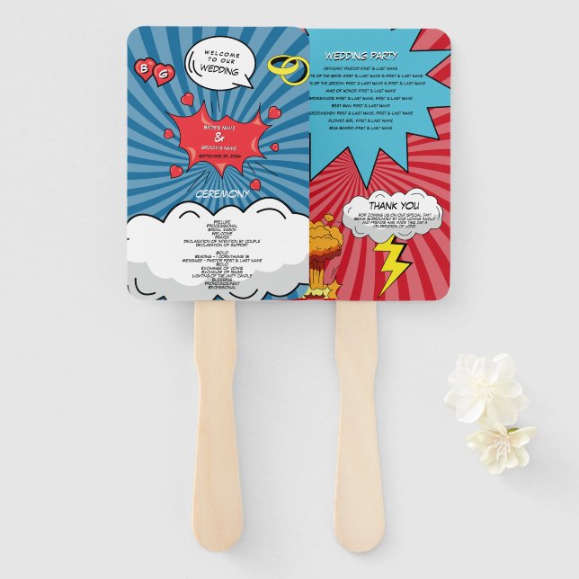 Colourful Comic Book Pop Art Wedding Program Hand Fan (Front and Back)